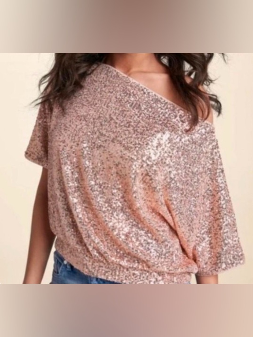 Venus Off Shoulder Sequin Top Rose Gold